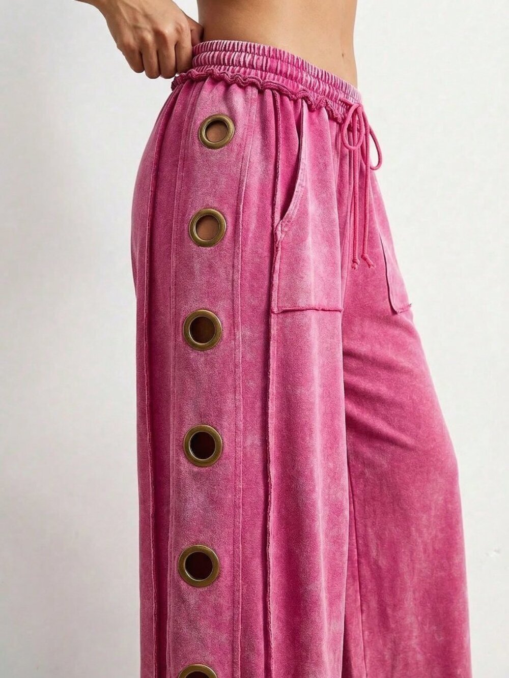 Hot Pink Casual Women's Knit Wide Leg Sweatpants - Picture 3 of 8